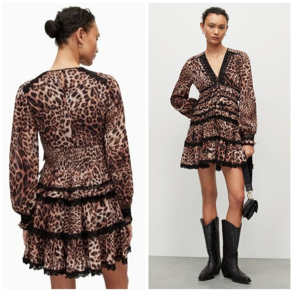ALLSAINTS - NWT- Zora Evita Lace Trim Printed Dress Leopard Mini | 12